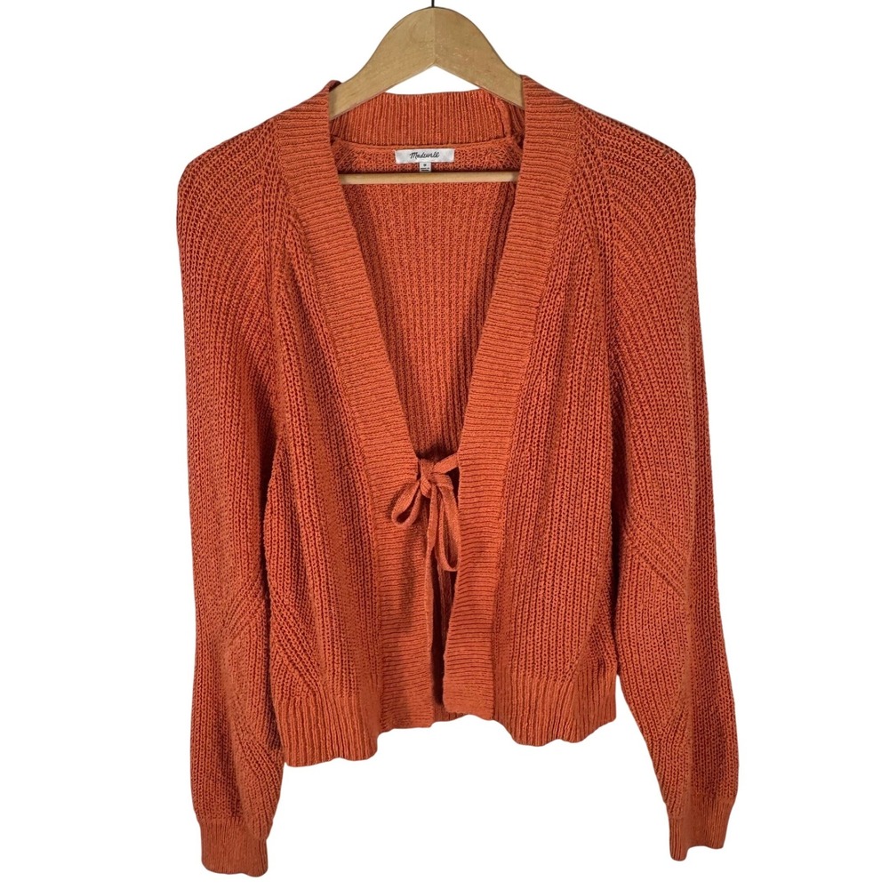 Madewell Cotton Shaker Stitch Tie Front Cardigan Sweater Womens M Rust Orange